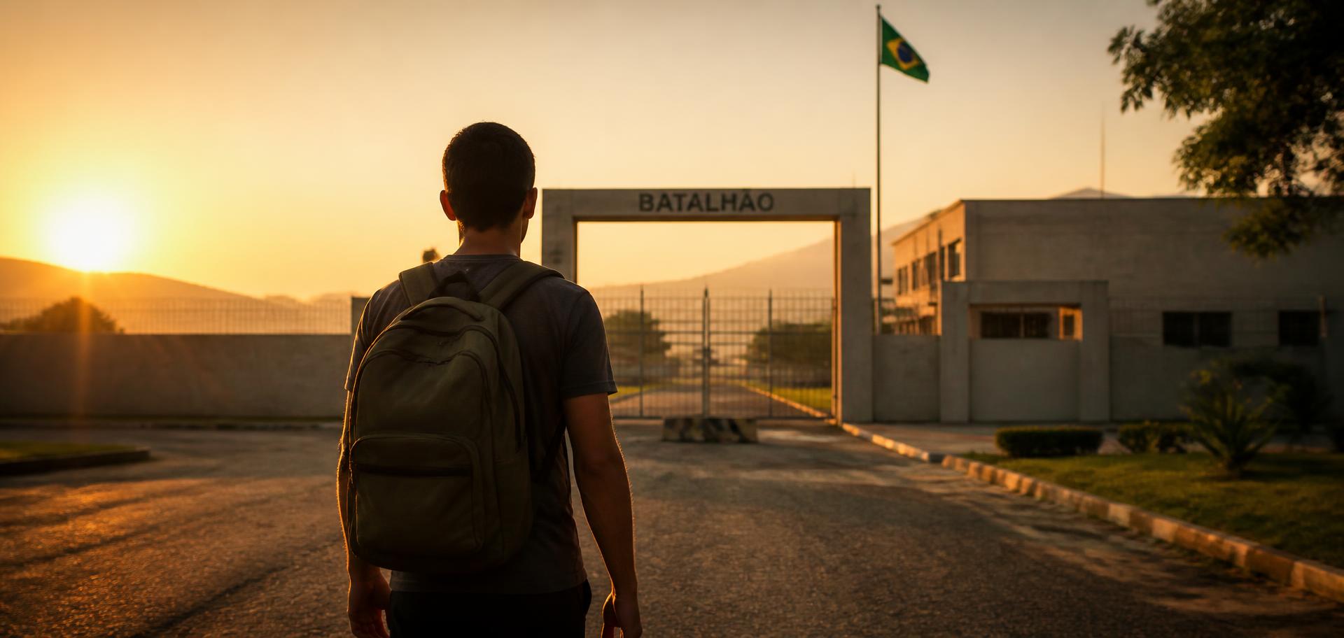 Pessoa caminhando em direção a uma instalação militar ao amanhecer