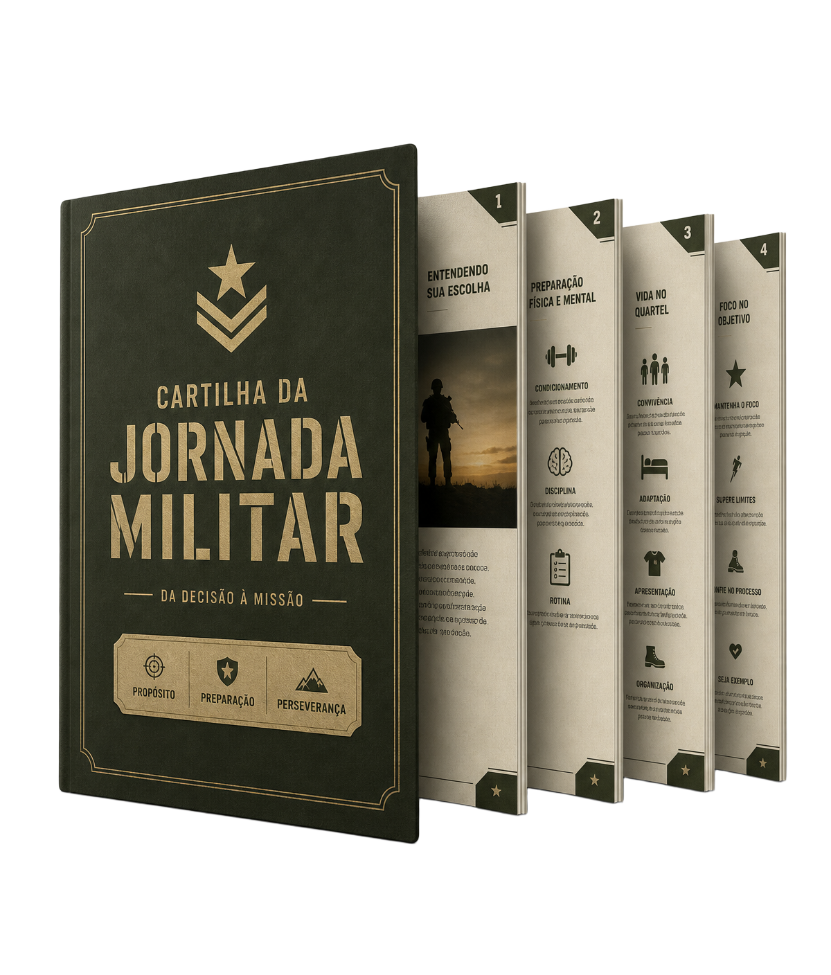 Mockup da Cartilha da Jornada Militar com páginas abertas ao fundo